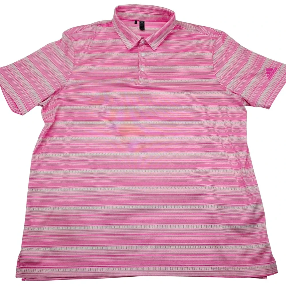 Adidas Polo Shirt Mens XL Pink White Striped Primegreen Golf‎ Short Sleeve